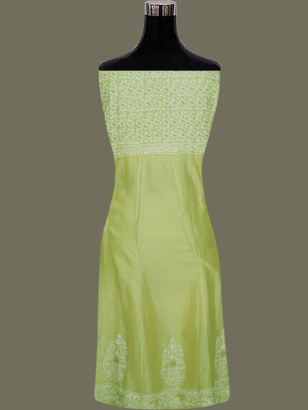 Ada Hand Embroidered Mehendi Green Chanderi Lucknowi Chikankari Semi-Stitched Anarkali Kurta Dupatta Set With Zari Work 01A132634