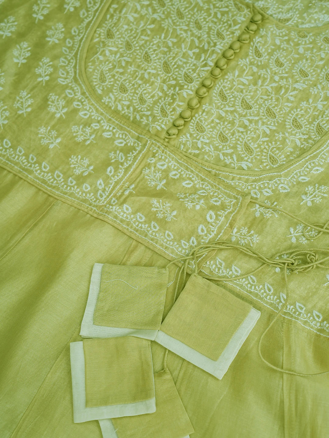 Ada Hand Embroidered Mehendi Green Chanderi Lucknowi Chikankari Semi-Stitched Anarkali Kurta Dupatta Set With Zari Work 01A132634