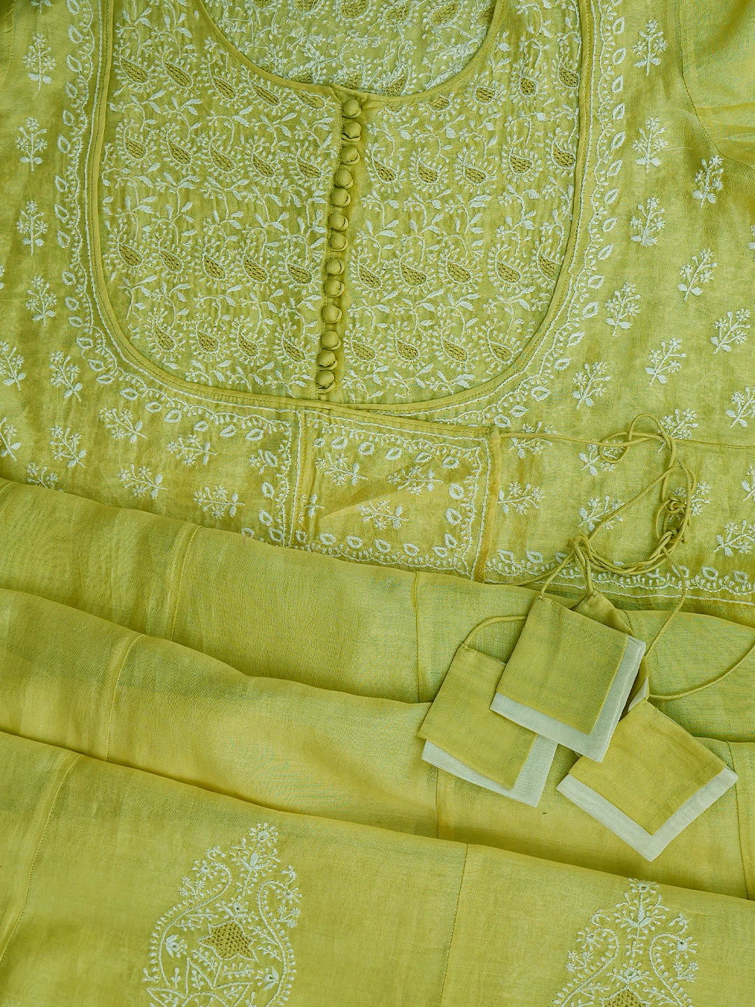 Ada Hand Embroidered Mehendi Green Chanderi Lucknowi Chikankari Semi-Stitched Anarkali Kurta Dupatta Set With Zari Work 01A132634
