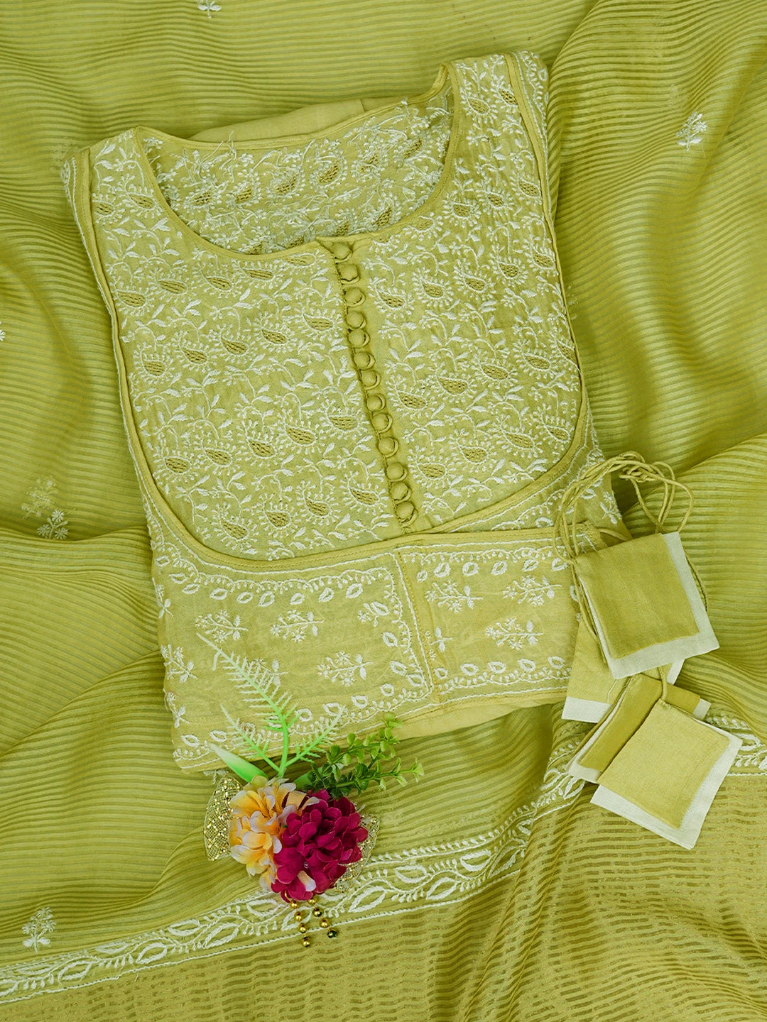 Ada Hand Embroidered Mehendi Green Chanderi Lucknowi Chikankari Semi-Stitched Anarkali Kurta Dupatta Set With Zari Work 01A132634