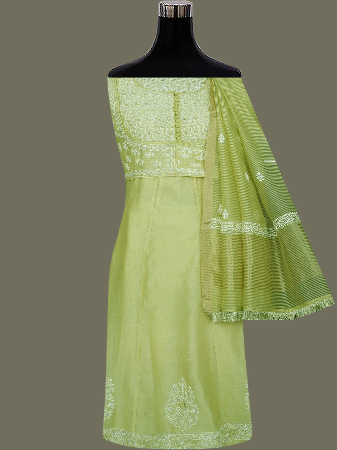 Ada Hand Embroidered Mehendi Green Chanderi Lucknowi Chikankari Semi-Stitched Anarkali Kurta Dupatta Set With Zari Work 01A132634