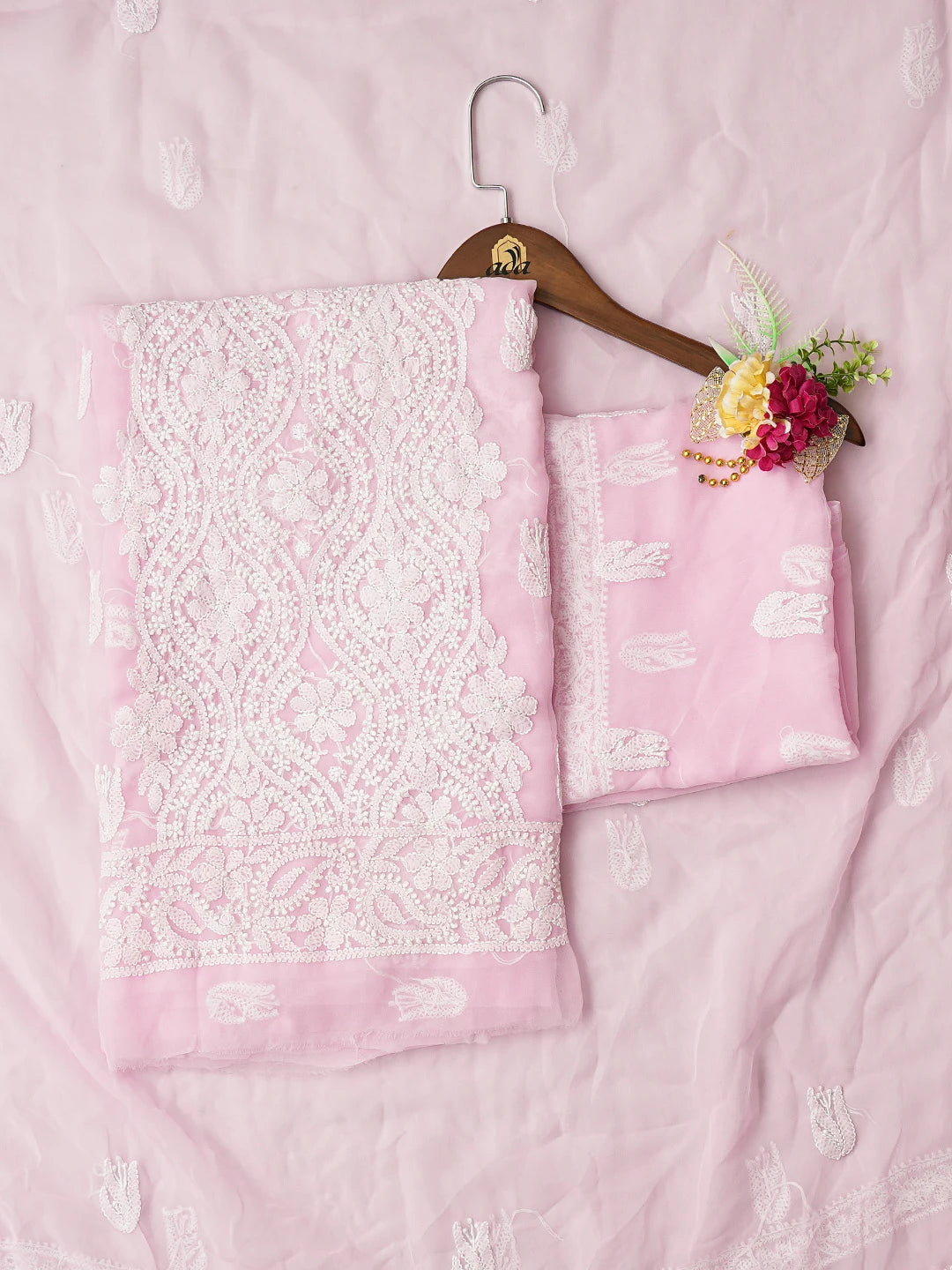 Ada Hand Embroidered Pink Georgette Lucknowi Chikankari Unstitched Suit Piece 01A793522