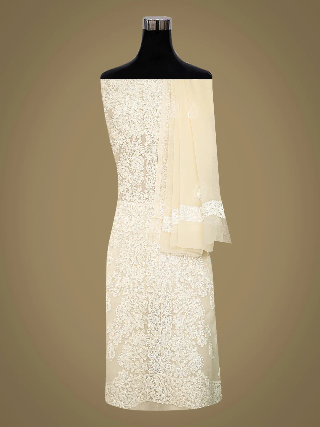 Ada Hand Embroidered Cream Georgette Lucknowi Chikankari Unstitched Suit Piece 01A793555