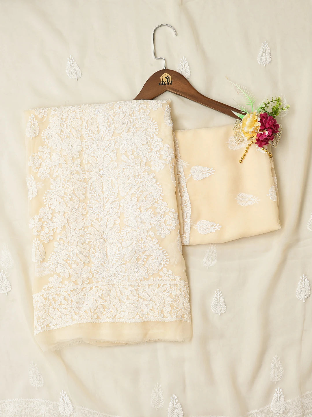Ada Hand Embroidered Cream Georgette Lucknowi Chikankari Unstitched Suit Piece 01A793555