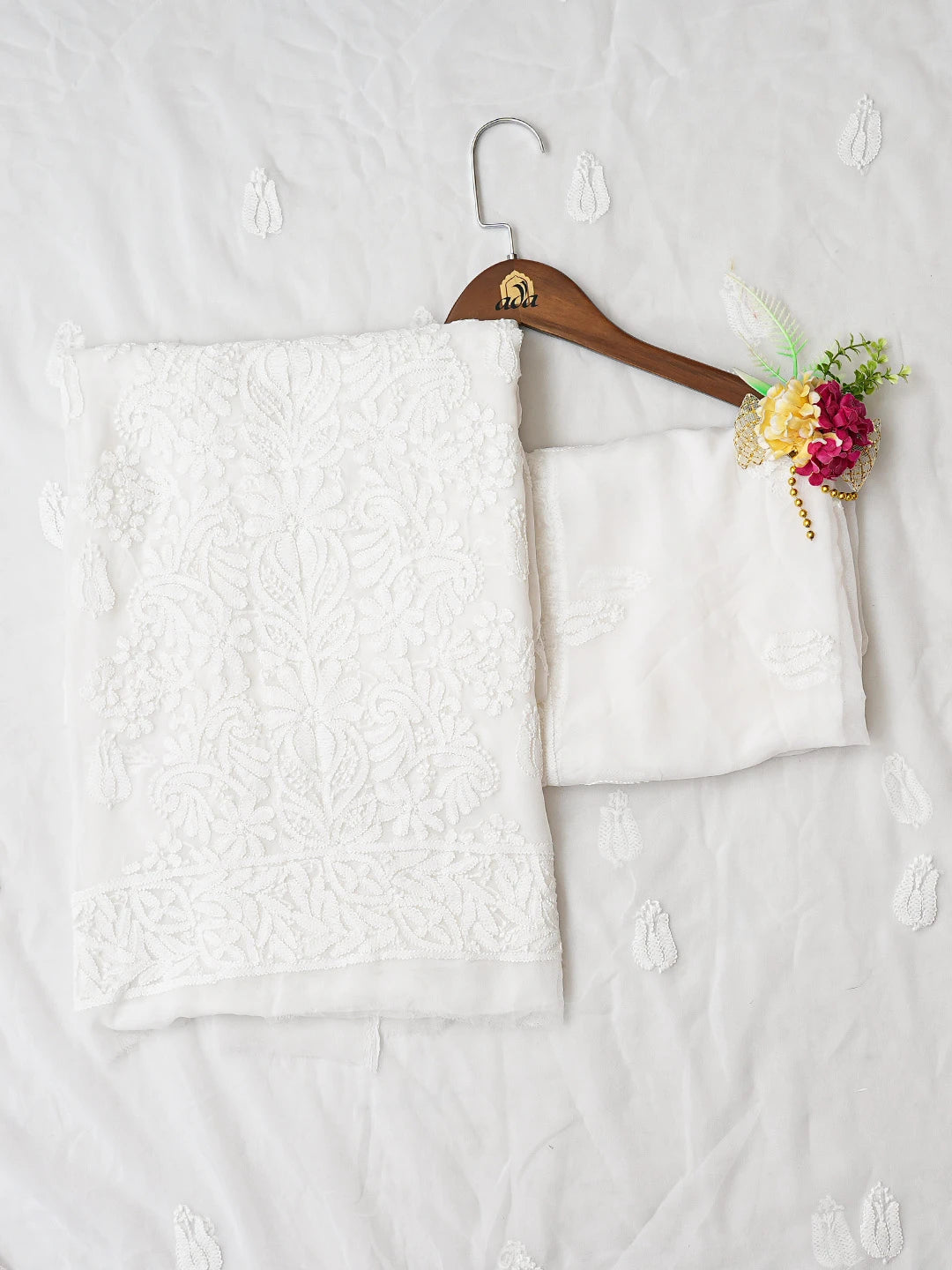 Ada Hand Embroidered White Georgette Lucknowi Chikankari Unstitched Suit Piece 01A793581