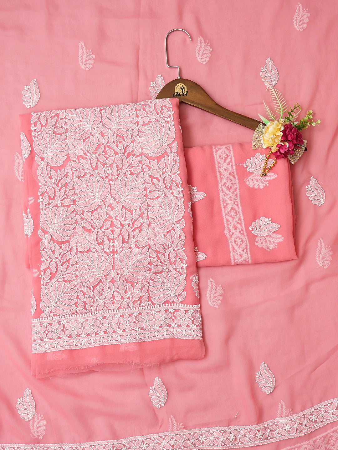 Ada Hand Embroidered Carrot Pink Georgette Lucknowi Chikankari Unstitched Suit Piece 01A793450
