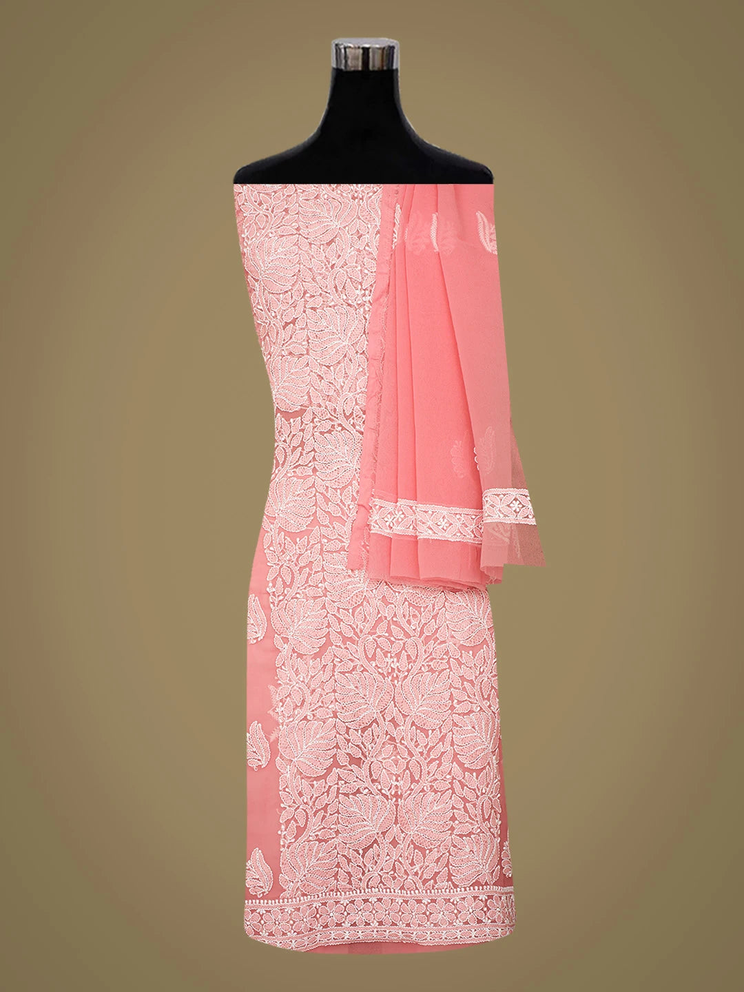 Ada Hand Embroidered Carrot Pink Georgette Lucknowi Chikankari Unstitched Suit Piece 01A793450