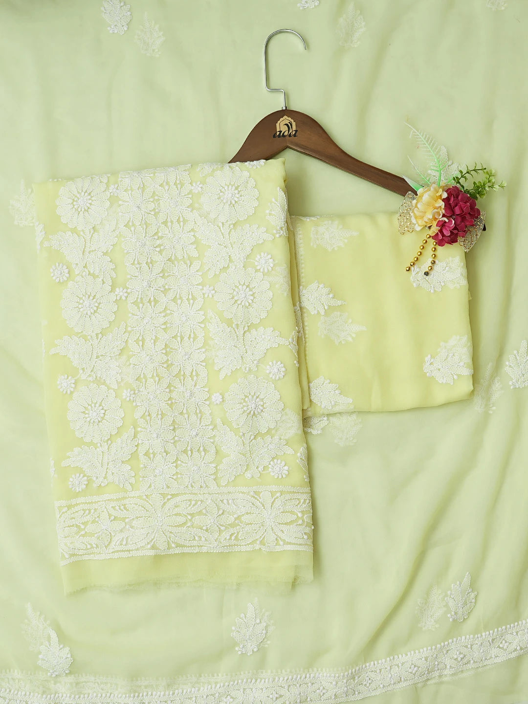 Ada Hand Embroidered Fluorescent Yellow Georgette Lucknowi Chikankari Unstitched Suit Piece 01A793427
