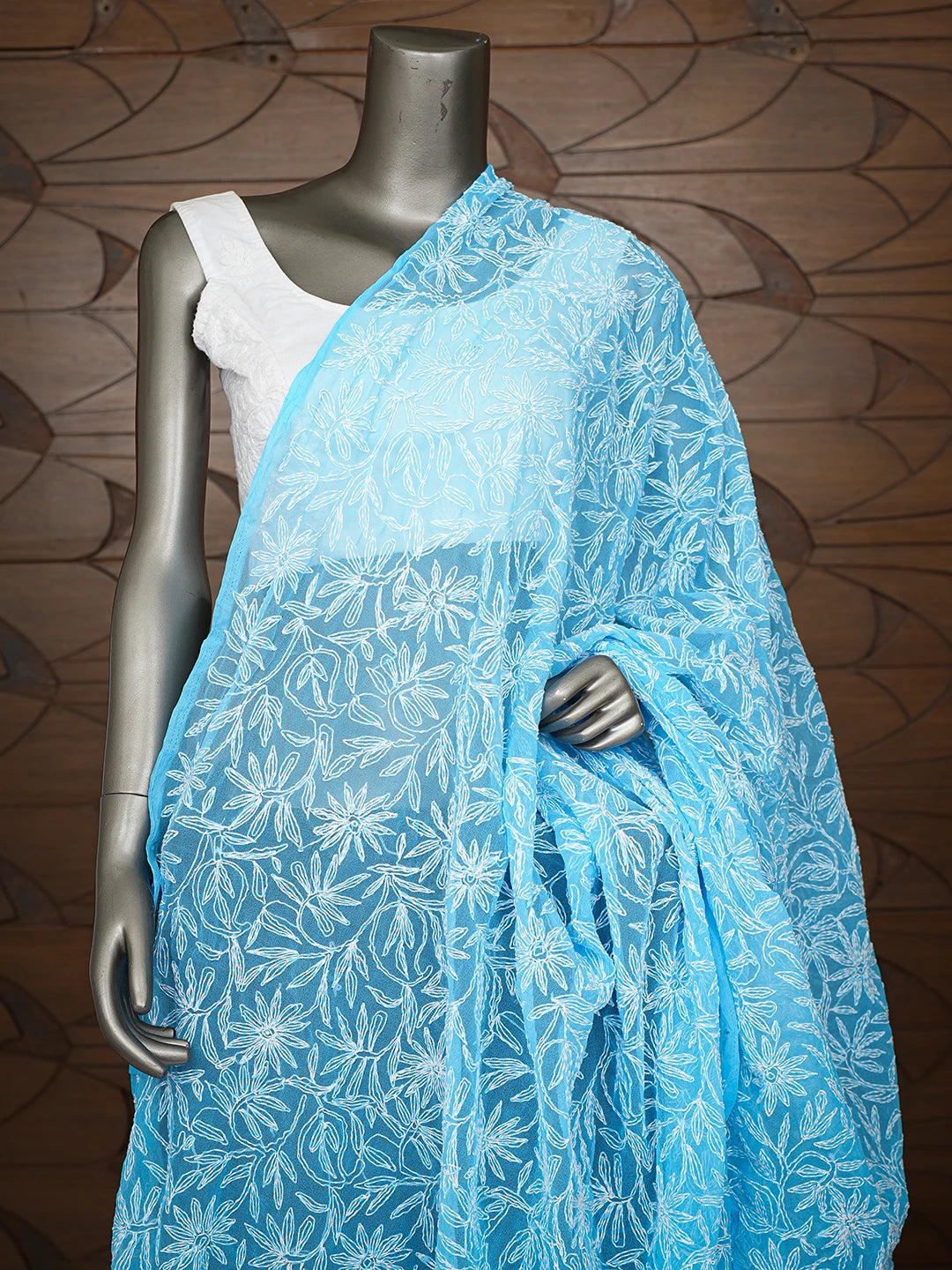 Ada Hand Embroidered Blue Faux Georgette Lucknowi Chikankari Dupatta 01A779397