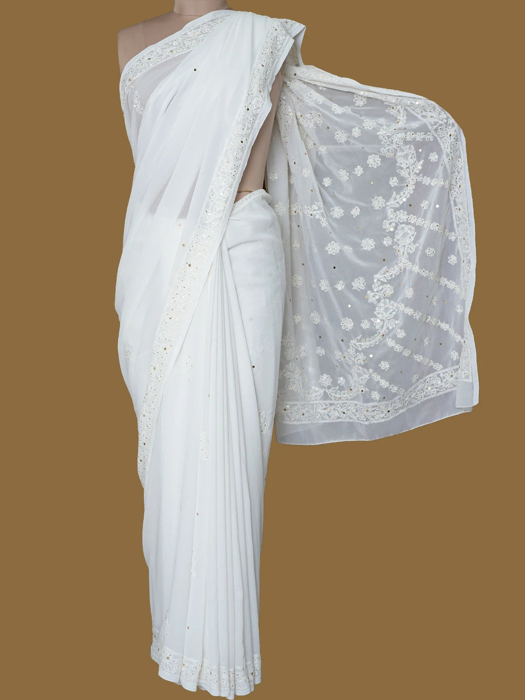 Ada Hand Embroidered White Georgette Lucknowi Chikankari Saree With Blouse With Mukaish Work 01A654111