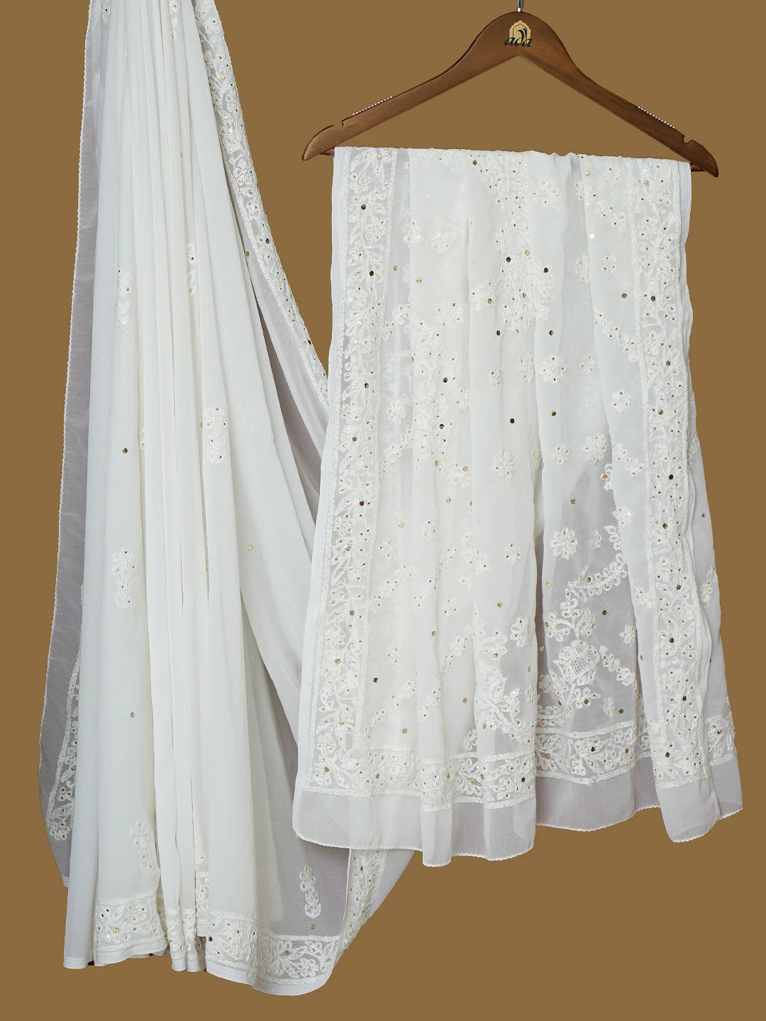 Ada Hand Embroidered White Georgette Lucknowi Chikankari Saree With Blouse With Mukaish Work 01A654111