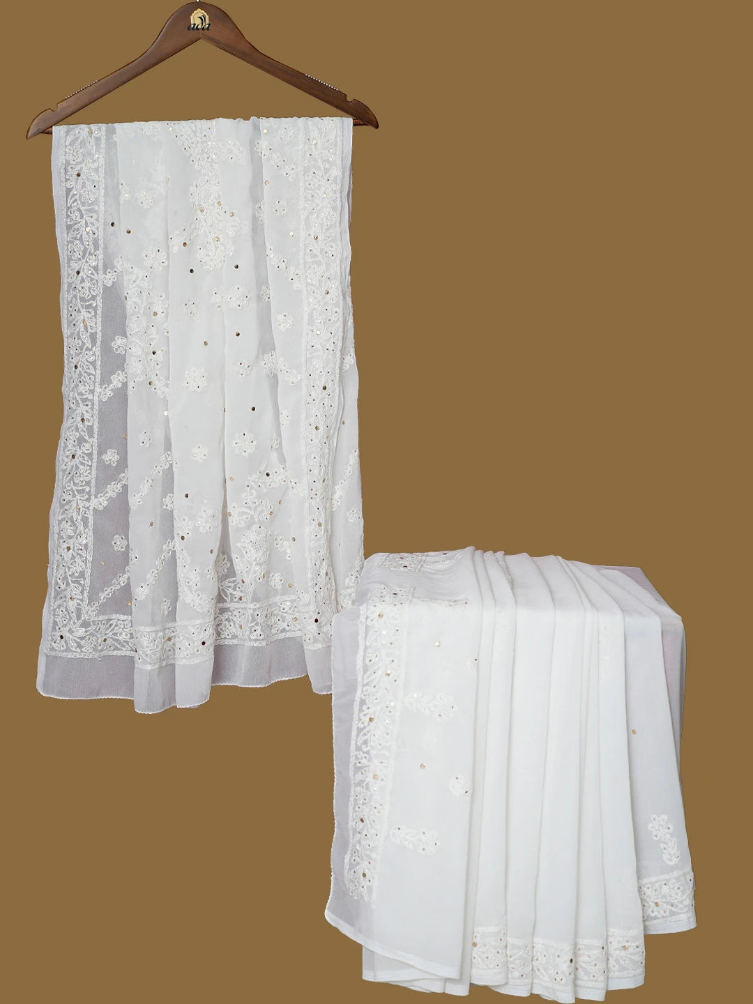 Ada Hand Embroidered White Georgette Lucknowi Chikankari Saree With Blouse With Mukaish Work 01A654111