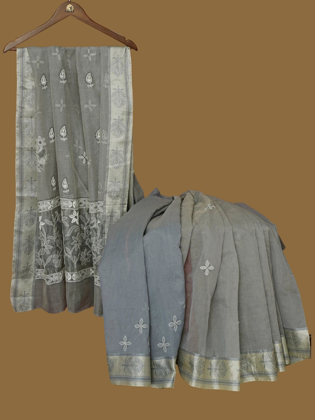 Ada Hand Embroidered Grey Kota Chanderi Lucknowi Chikankari Saree With Blouse 01A788450