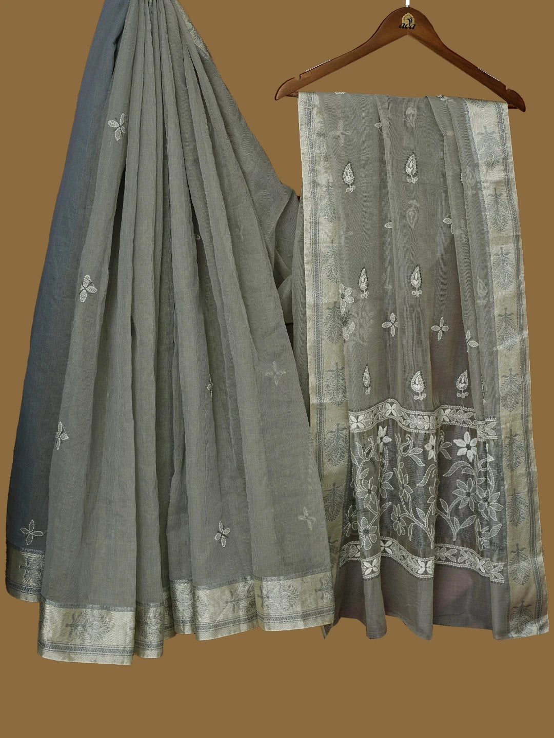 Ada Hand Embroidered Grey Kota Chanderi Lucknowi Chikankari Saree With Blouse 01A788450