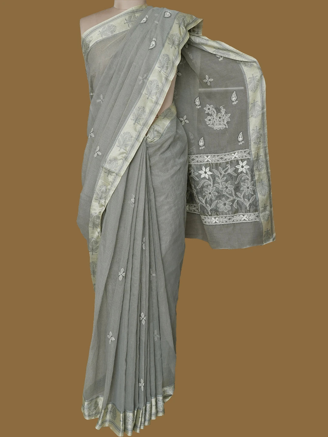 Ada Hand Embroidered Grey Kota Chanderi Lucknowi Chikankari Saree With Blouse 01A788450