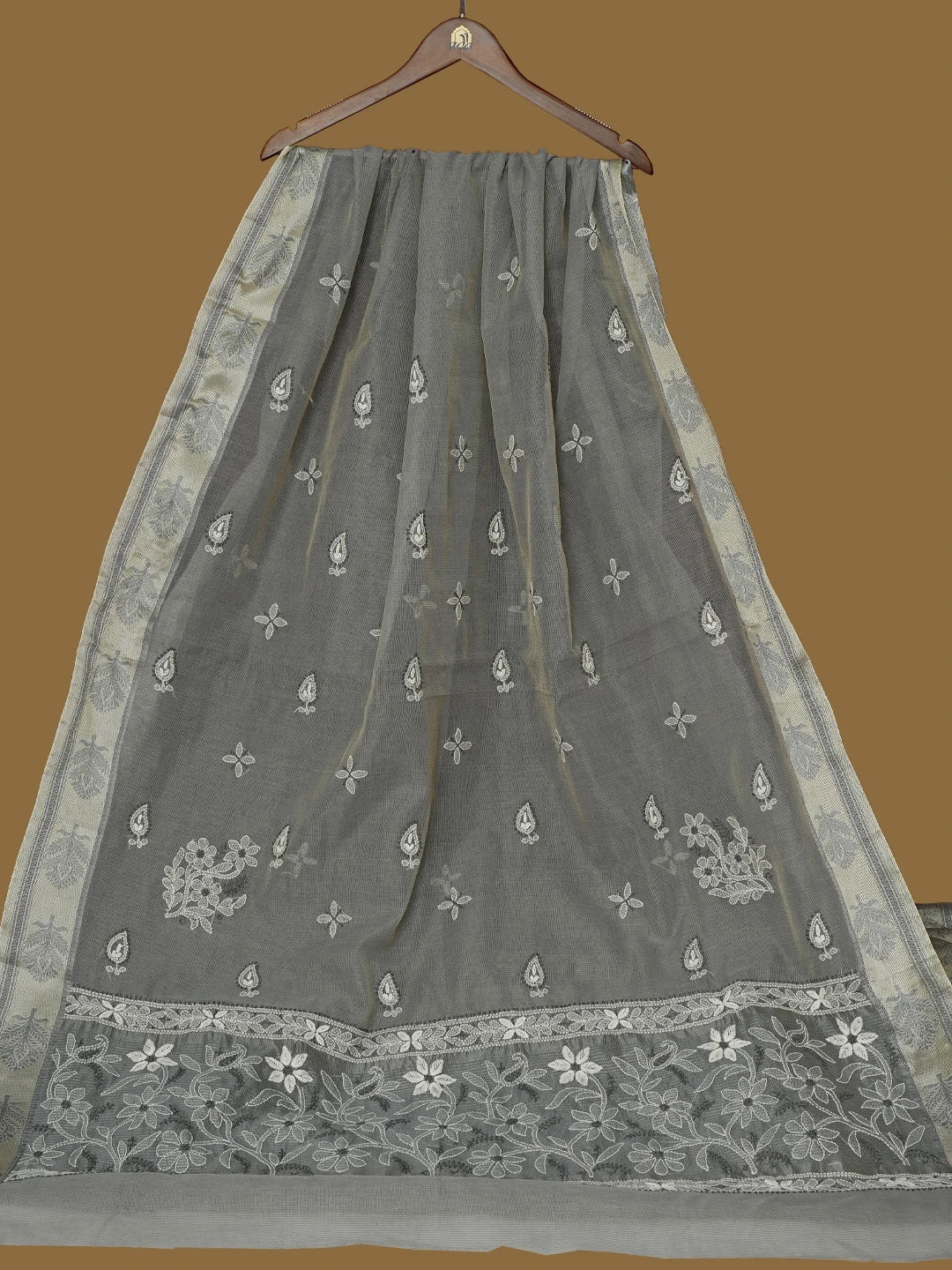 Ada Hand Embroidered Grey Kota Chanderi Lucknowi Chikankari Saree With Blouse 01A788450