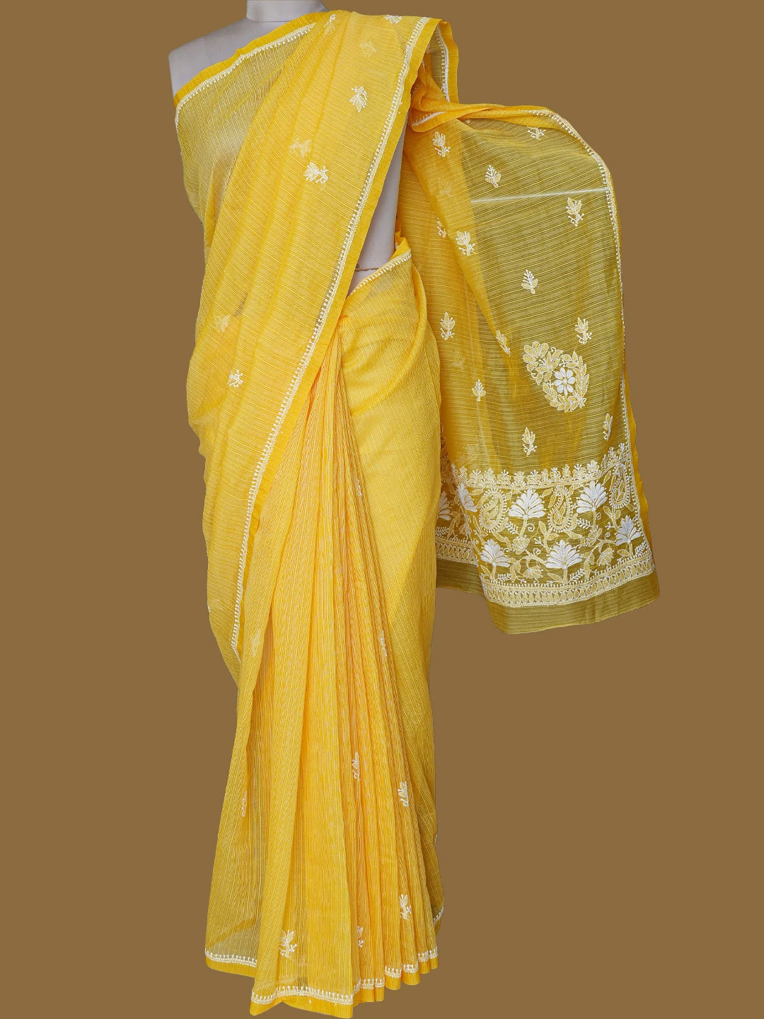Ada Hand Embroidered Yellow Super Net Lucknowi Chikankari Saree With Blouse 01A775788