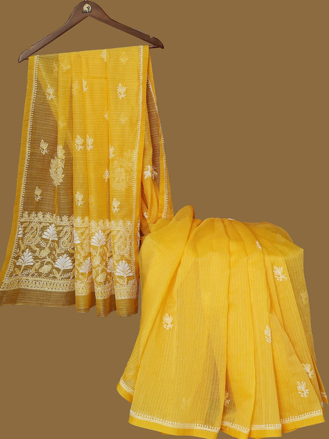 Ada Hand Embroidered Yellow Super Net Lucknowi Chikankari Saree With Blouse 01A775788