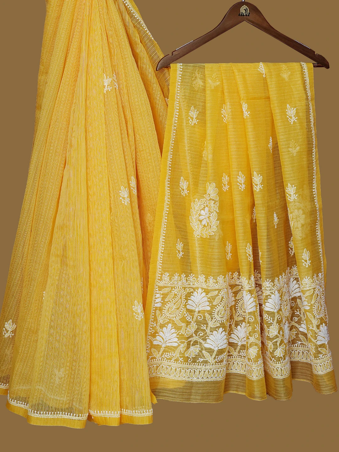 Ada Hand Embroidered Yellow Super Net Lucknowi Chikankari Saree With Blouse 01A775788
