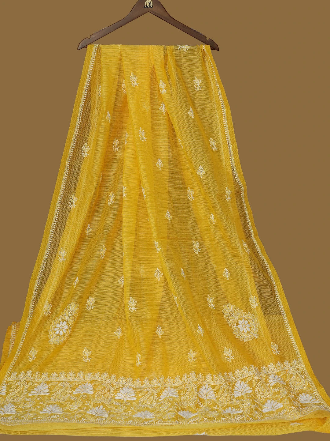Ada Hand Embroidered Yellow Super Net Lucknowi Chikankari Saree With Blouse 01A775788