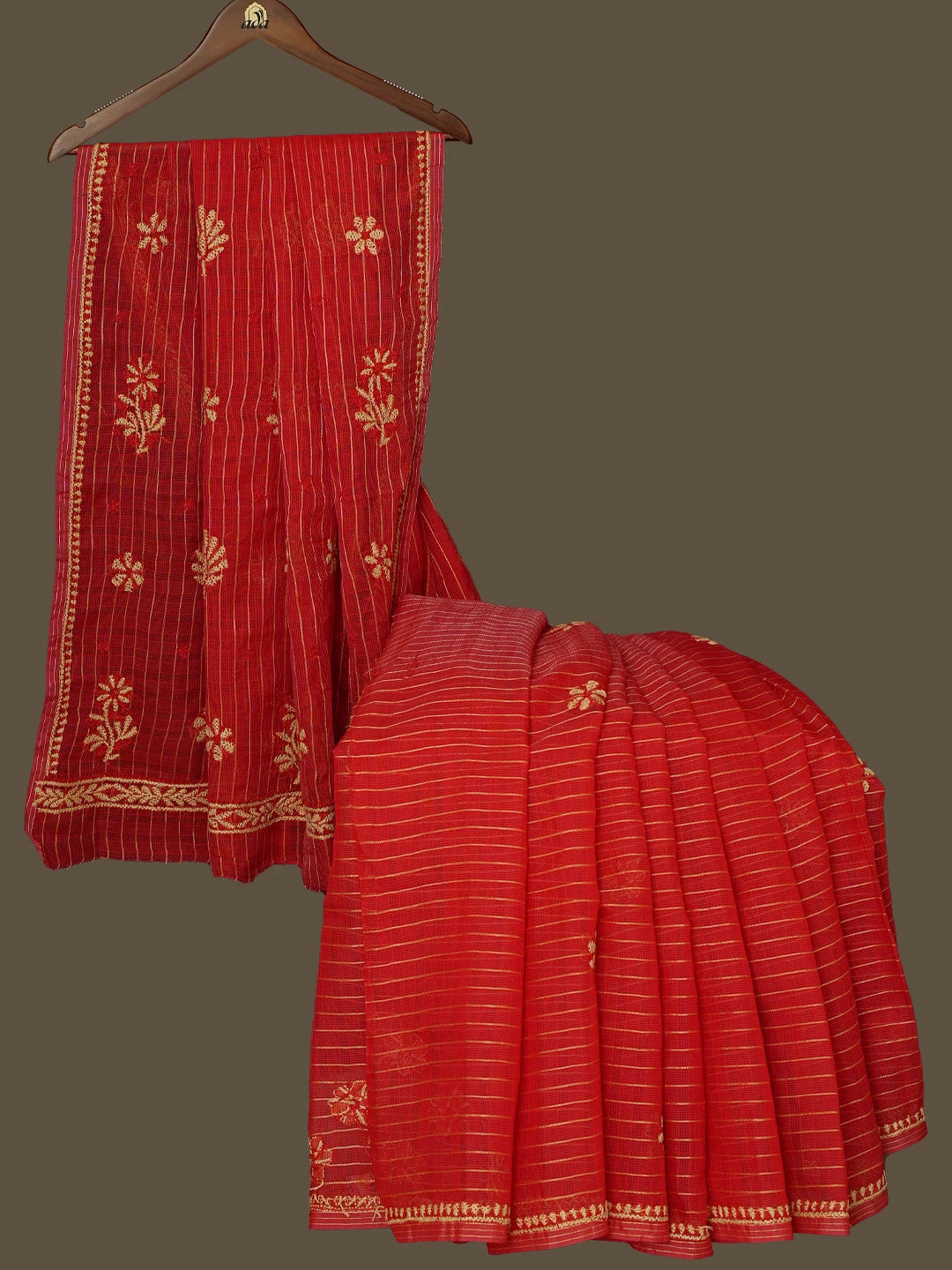 Ada Hand Embroidered Red Kota Chanderi Lucknowi Chikankari Saree With Blouse 01A788441