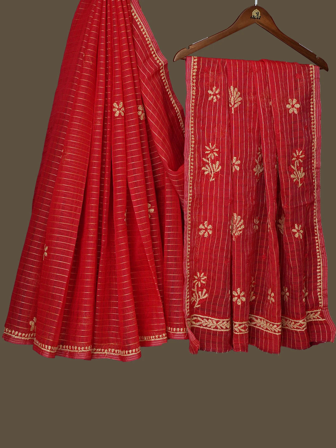 Ada Hand Embroidered Red Kota Chanderi Lucknowi Chikankari Saree With Blouse 01A788441