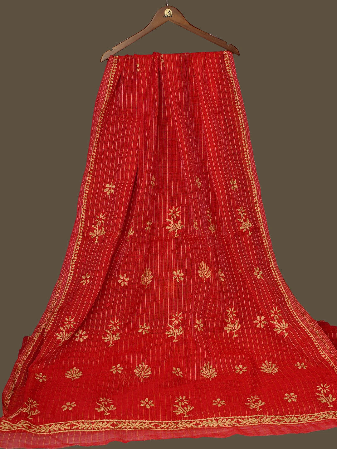 Ada Hand Embroidered Red Kota Chanderi Lucknowi Chikankari Saree With Blouse 01A788441