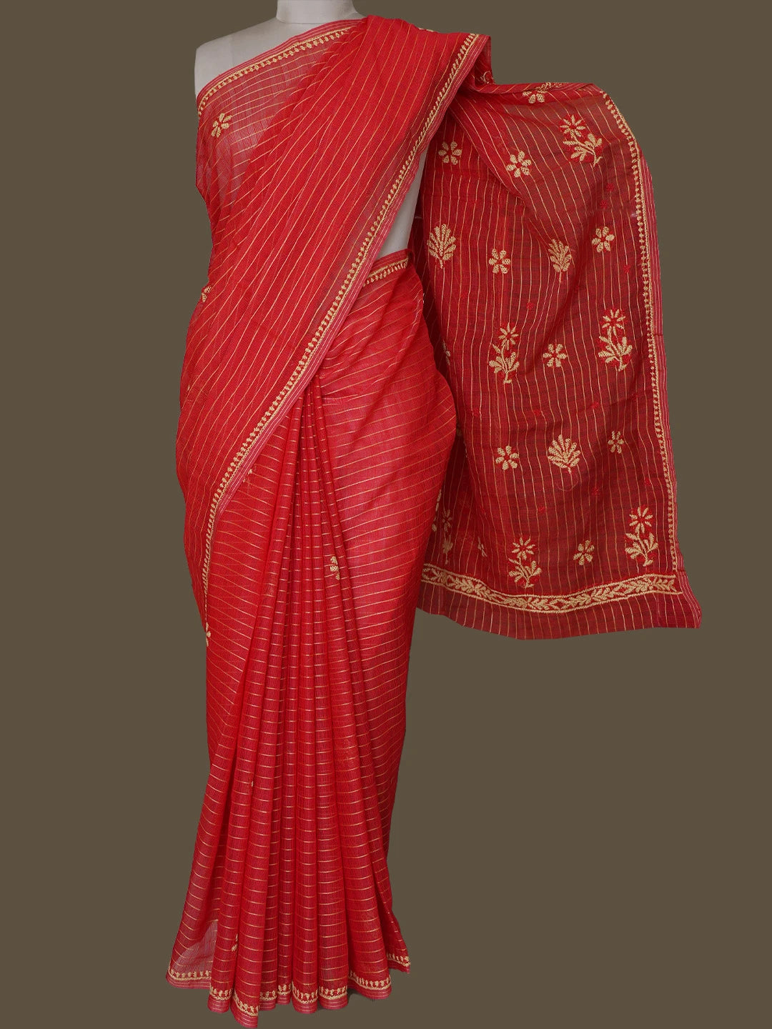 Ada Hand Embroidered Red Kota Chanderi Lucknowi Chikankari Saree With Blouse 01A788441