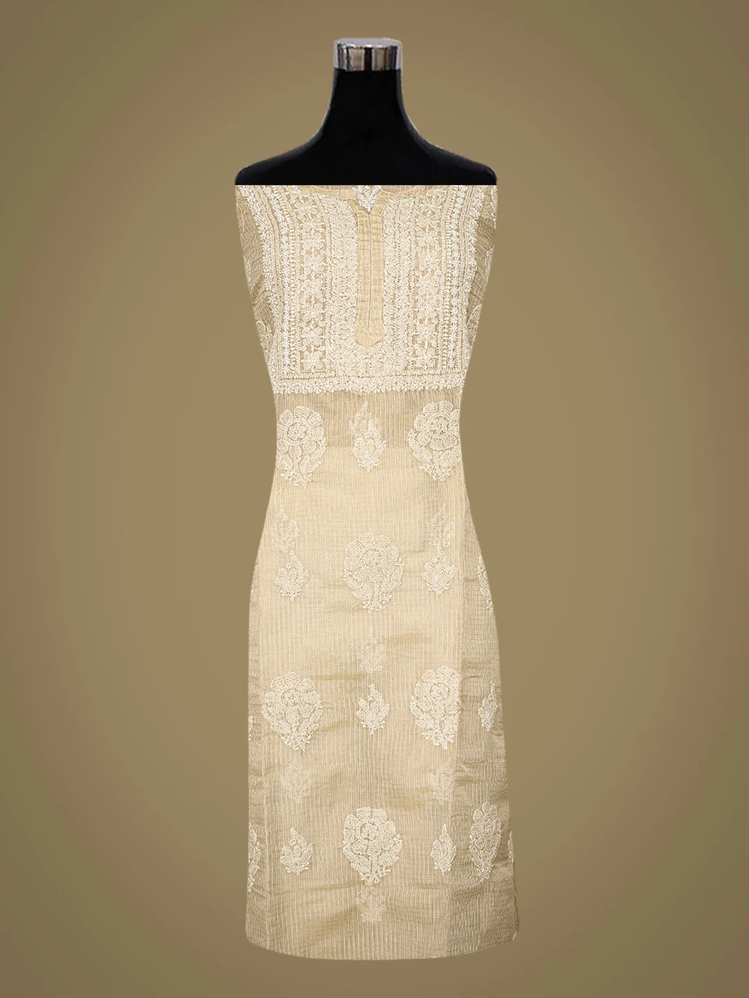 Ada Hand Embroidered Fawn Tissue Lucknowi Chikankari Semi-Stitched Kurta Dupatta Set 01A784684