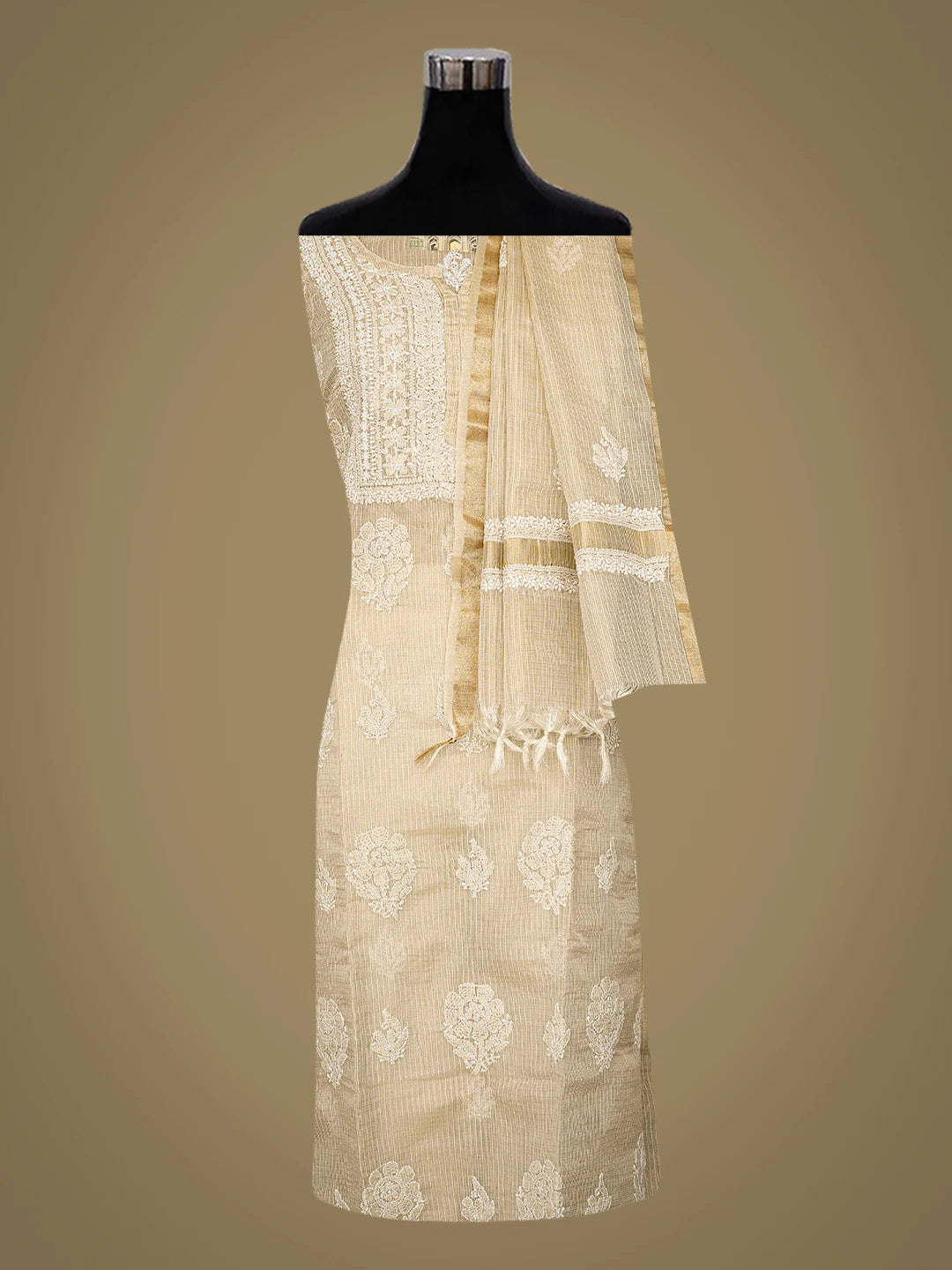 Ada Hand Embroidered Fawn Tissue Lucknowi Chikankari Semi-Stitched Kurta Dupatta Set 01A784684