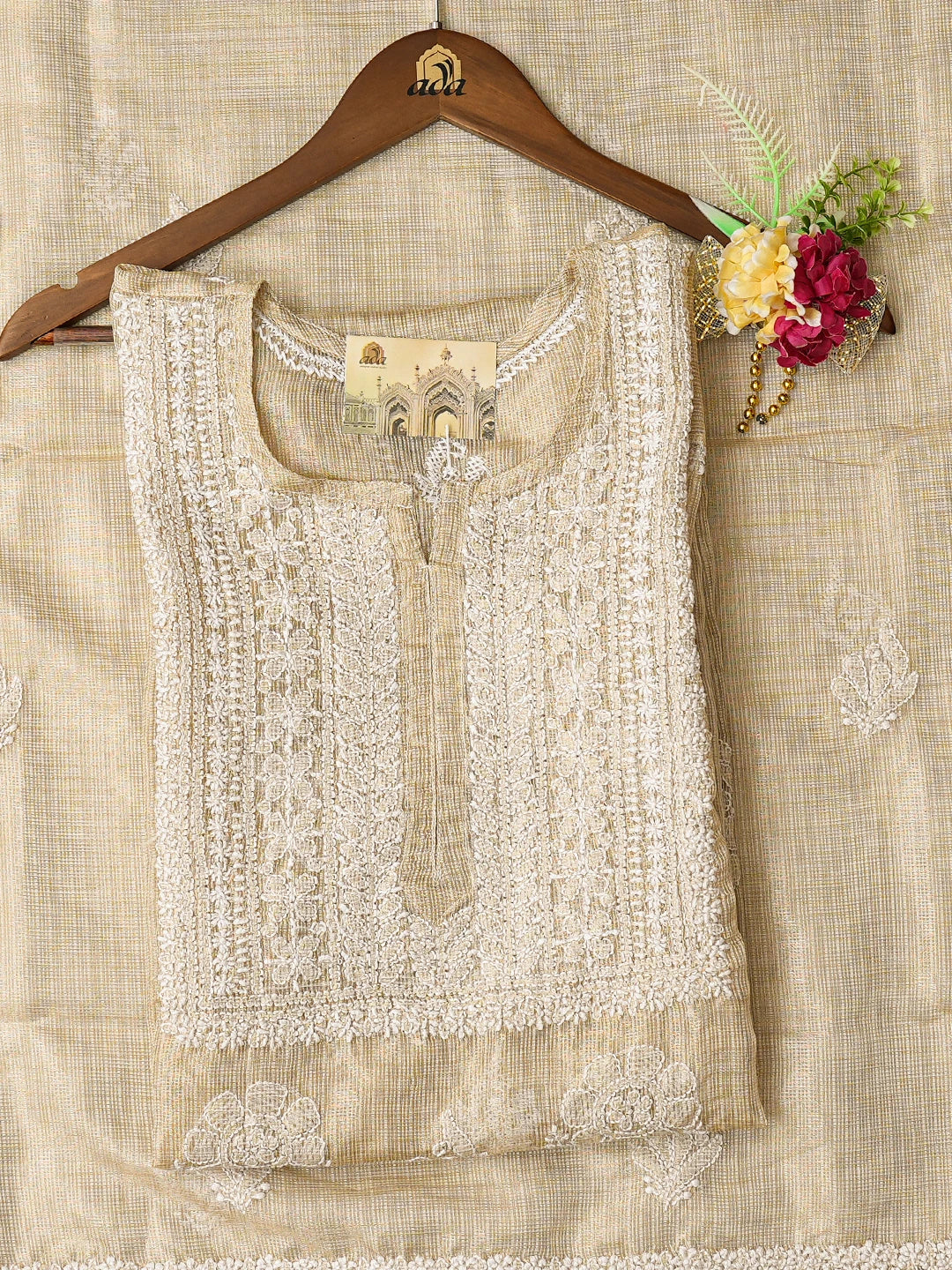 Ada Hand Embroidered Fawn Tissue Lucknowi Chikankari Semi-Stitched Kurta Dupatta Set 01A784684