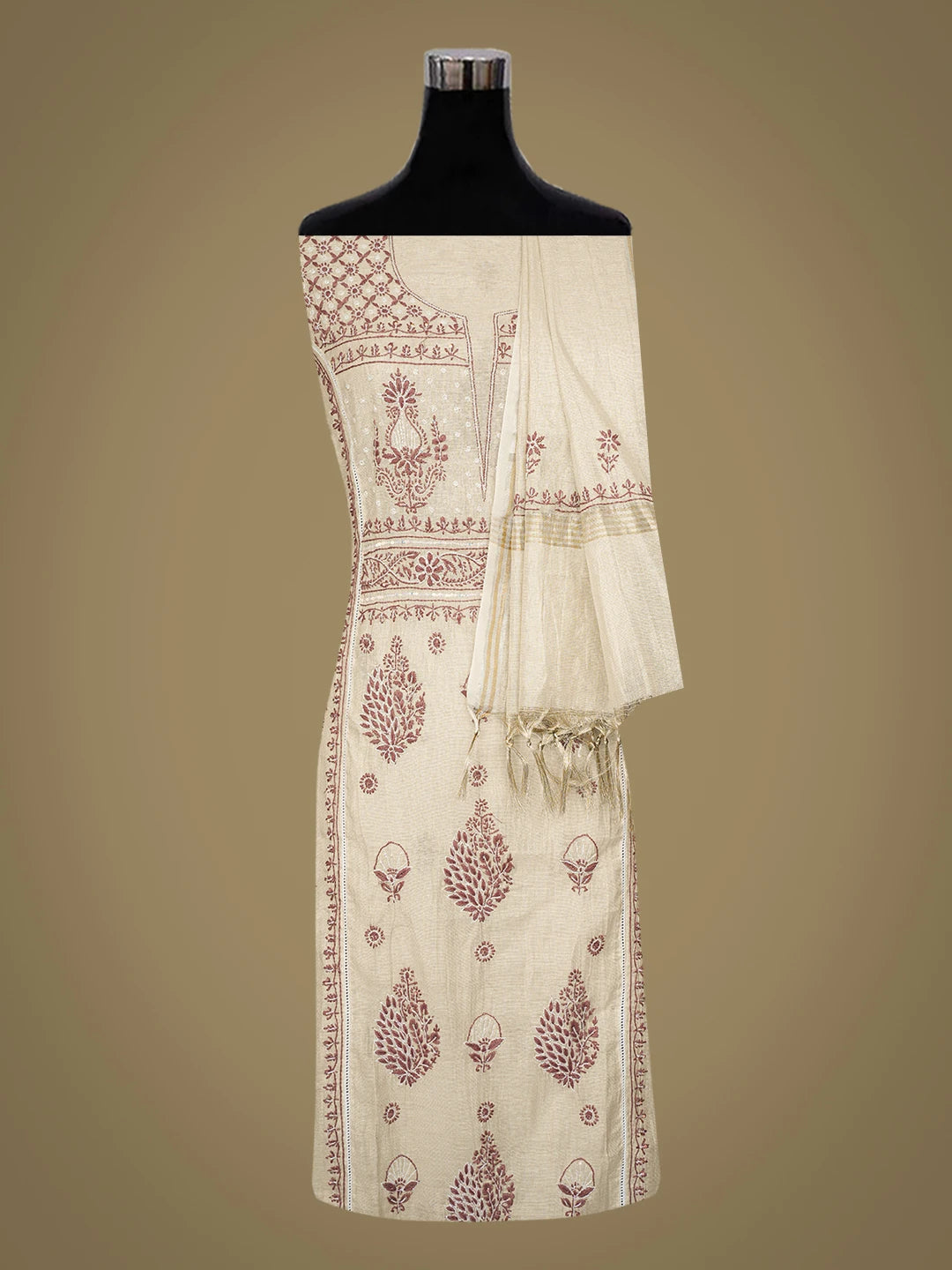 Ada Hand Embroidered Fawn Tissue Lucknowi Chikankari Semi-Stitched Kurta Dupatta Set With Cutdana Work 01A741931