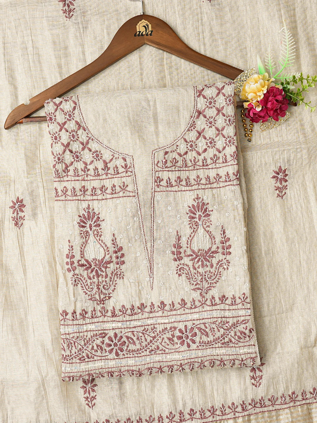 Ada Hand Embroidered Fawn Tissue Lucknowi Chikankari Semi-Stitched Kurta Dupatta Set With Cutdana Work 01A741931