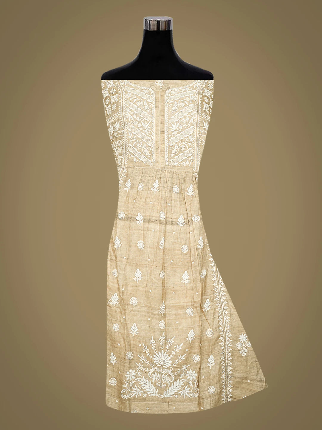 Ada Hand Embroidered Fawn Ghicha Silk Lucknowi Chikankari Semi-Stitched Kurta Dupatta Set With Cutdana Work 01A789370