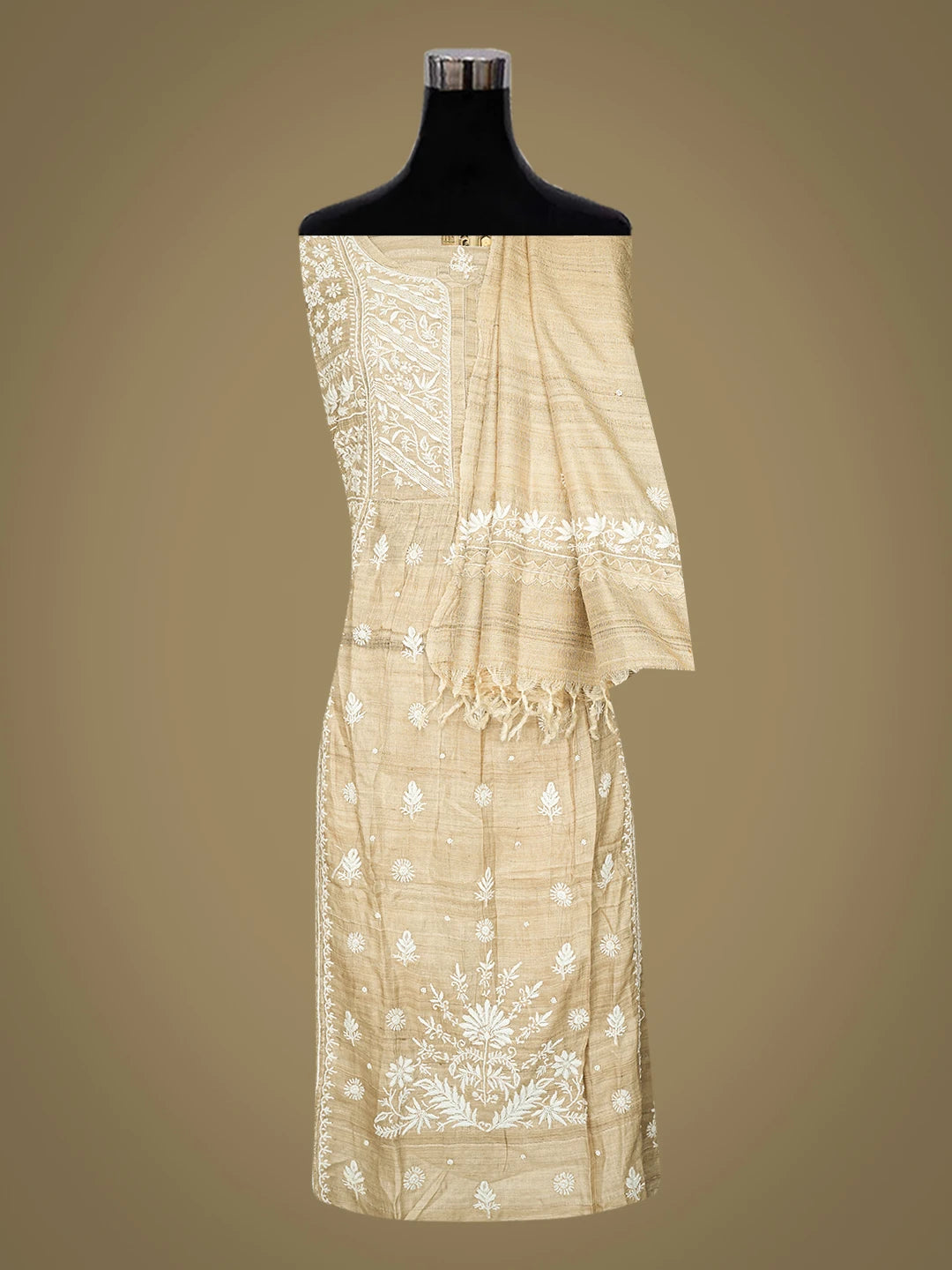 Ada Hand Embroidered Fawn Ghicha Silk Lucknowi Chikankari Semi-Stitched Kurta Dupatta Set With Cutdana Work 01A789370