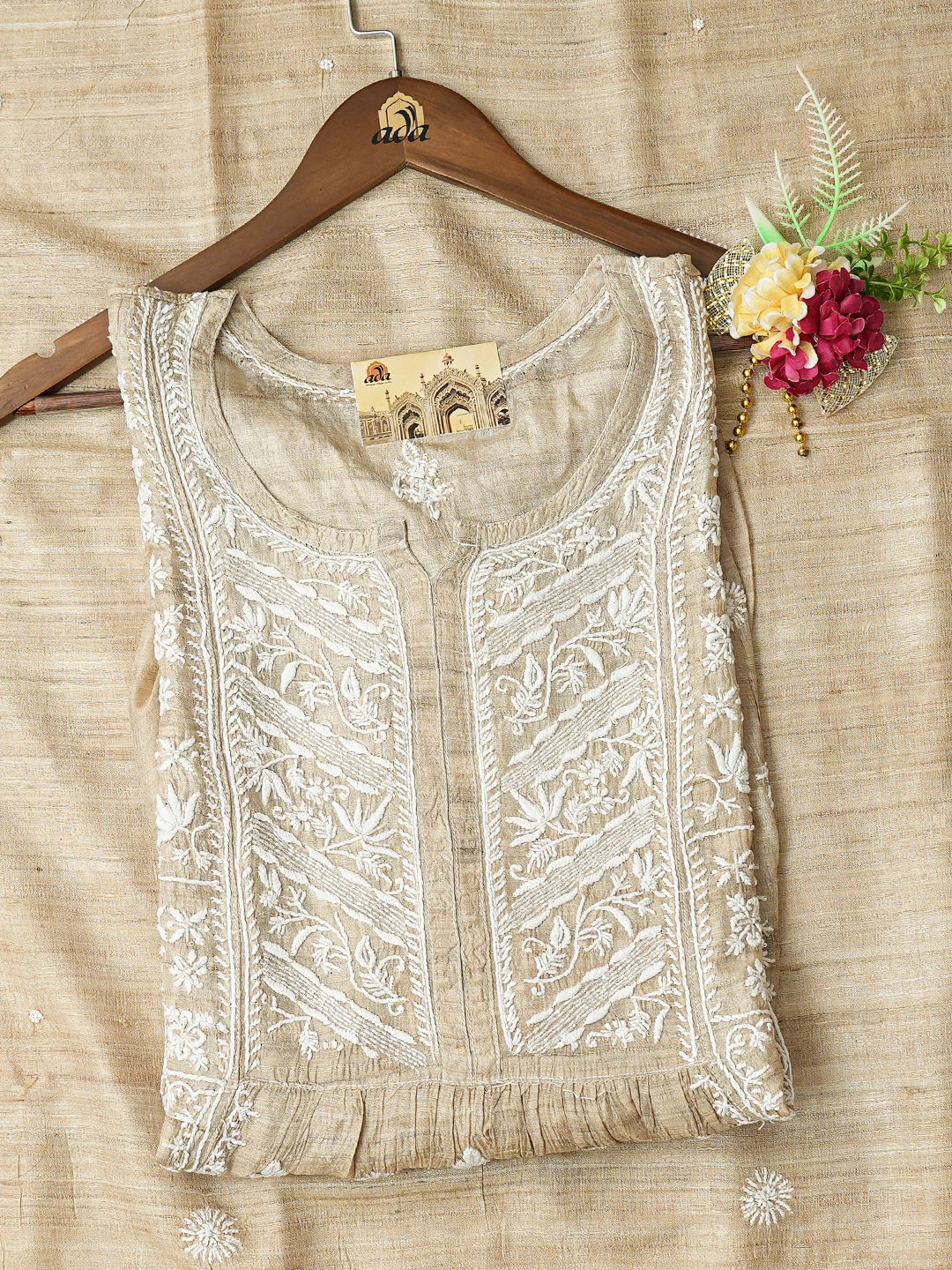 Ada Hand Embroidered Fawn Ghicha Silk Lucknowi Chikankari Semi-Stitched Kurta Dupatta Set With Cutdana Work 01A789370
