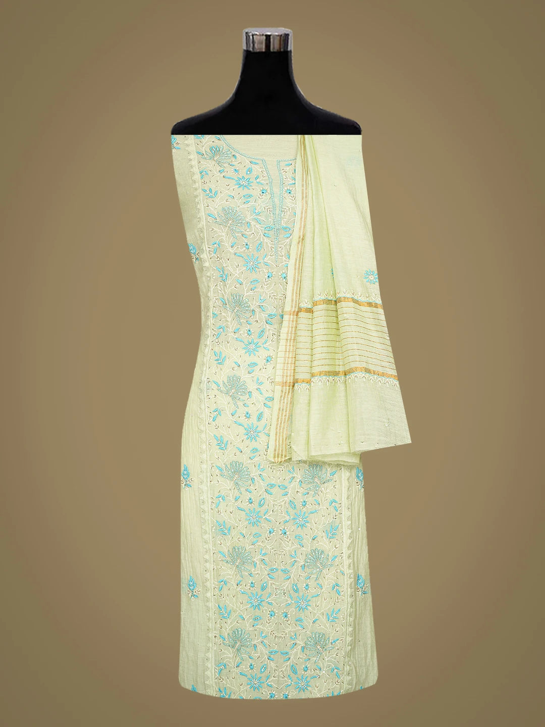Ada Hand Embroidered Light Green Chanderi Lucknowi Chikankari Semi-Stitched Kurta Dupatta Set With Cutdana Work 01A665676