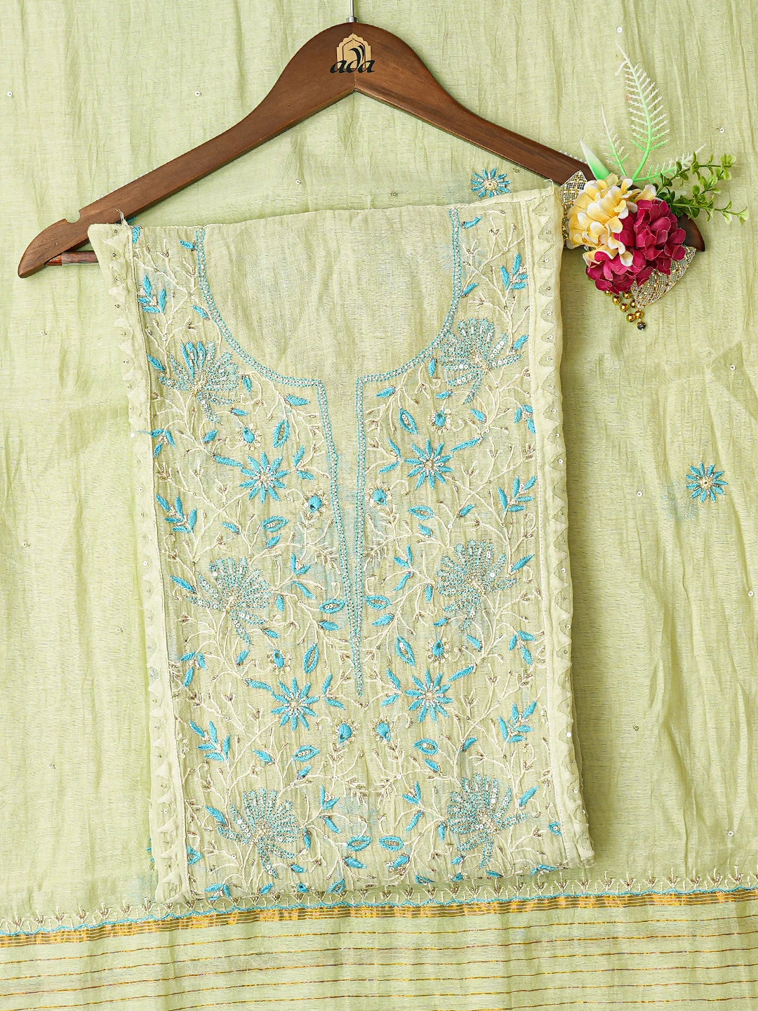 Ada Hand Embroidered Light Green Chanderi Lucknowi Chikankari Semi-Stitched Kurta Dupatta Set With Cutdana Work 01A665676
