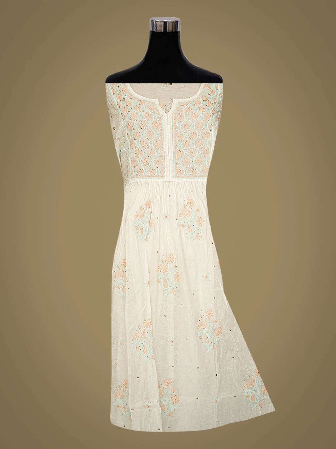 Ada Hand Embroidered White Chanderi Lucknowi Chikankari Semi-Stitched Kurta Dupatta Set With Mukaish Work 01A793534