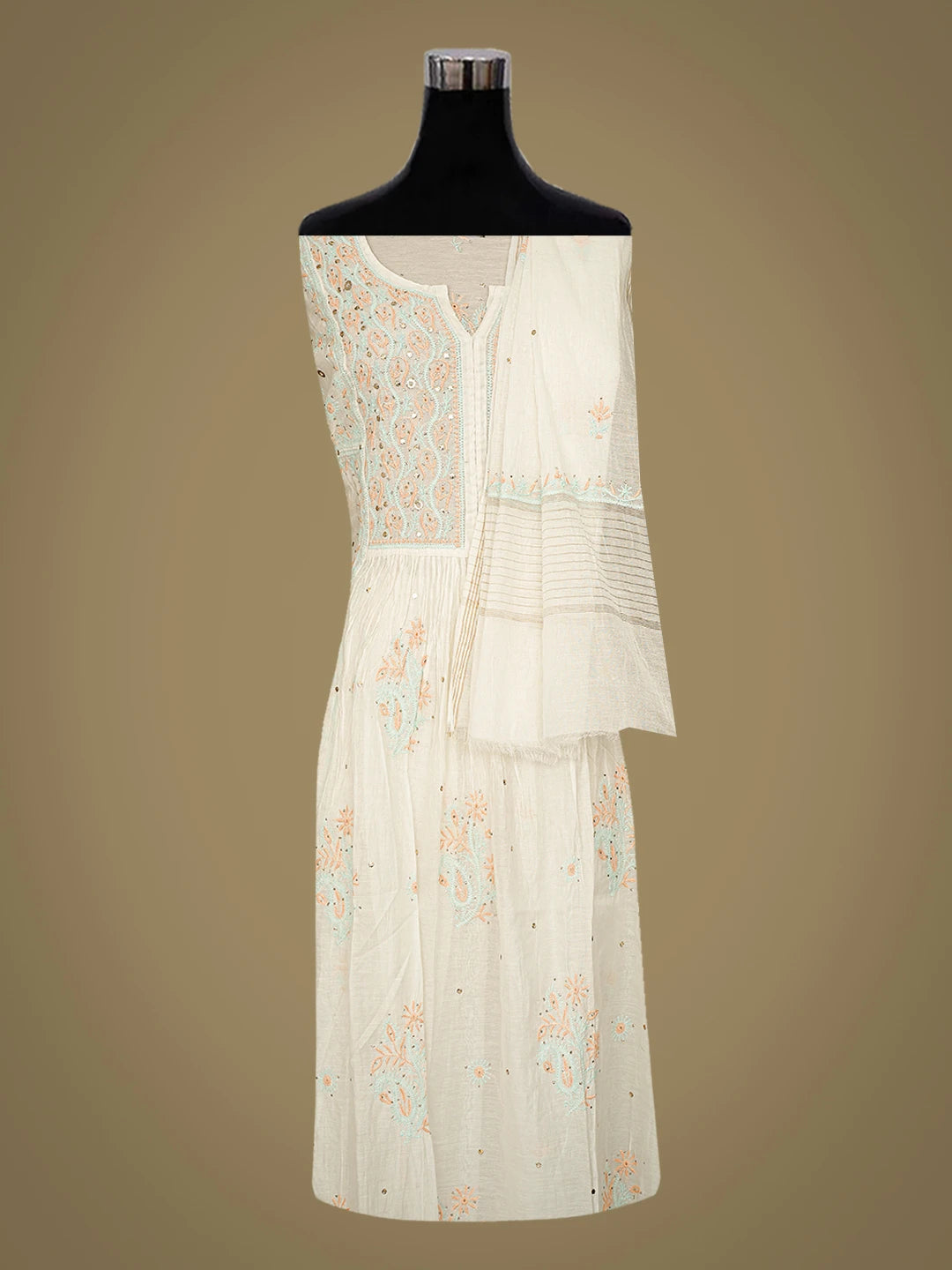 Ada Hand Embroidered White Chanderi Lucknowi Chikankari Semi-Stitched Kurta Dupatta Set With Mukaish Work 01A793534