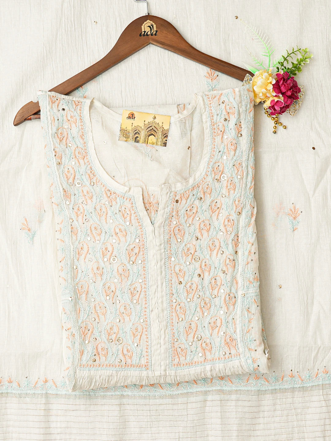 Ada Hand Embroidered White Chanderi Lucknowi Chikankari Semi-Stitched Kurta Dupatta Set With Mukaish Work 01A793534