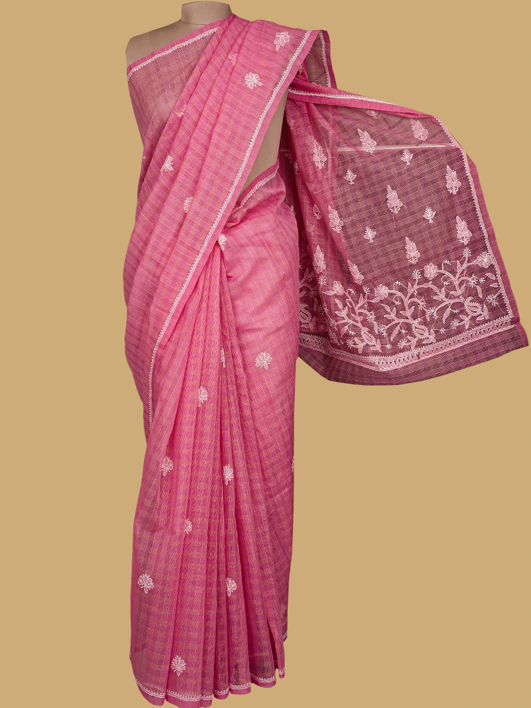 Ada Hand Embroidered Pink Super Net Lucknowi Chikankari Saree With Blouse 01A777325