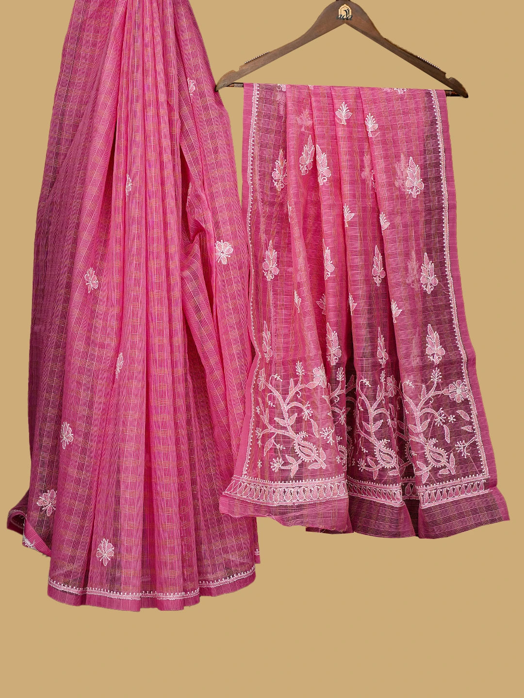 Ada Hand Embroidered Pink Super Net Lucknowi Chikankari Saree With Blouse 01A777325