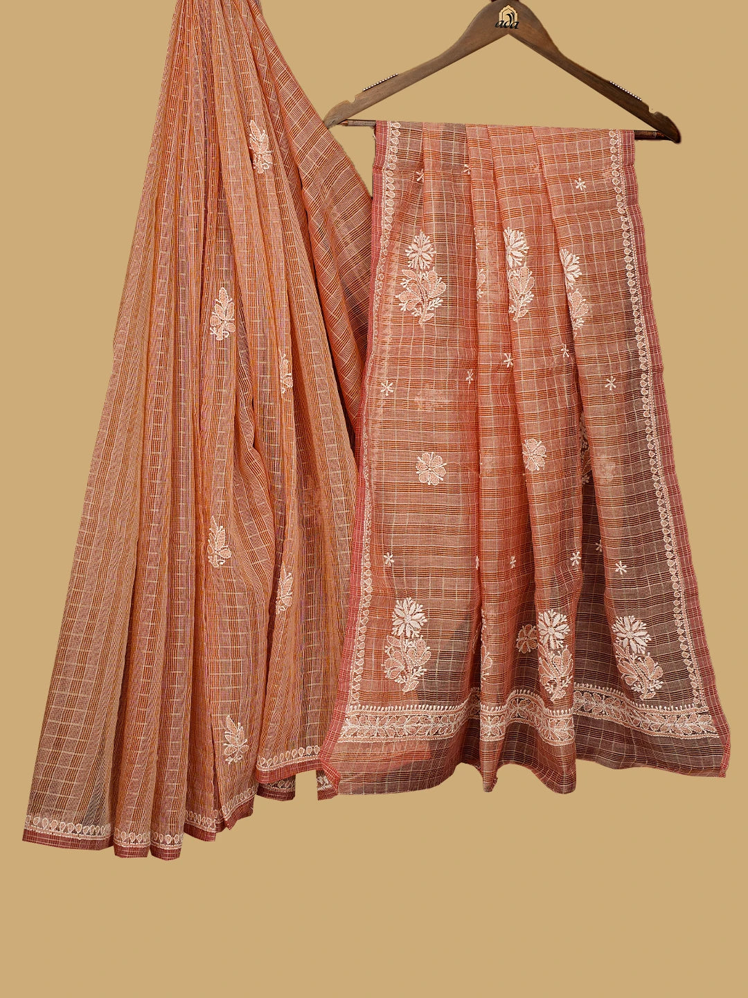 Ada Hand Embroidered Orange Super Net Lucknowi Chikankari Saree With Blouse 01A777322