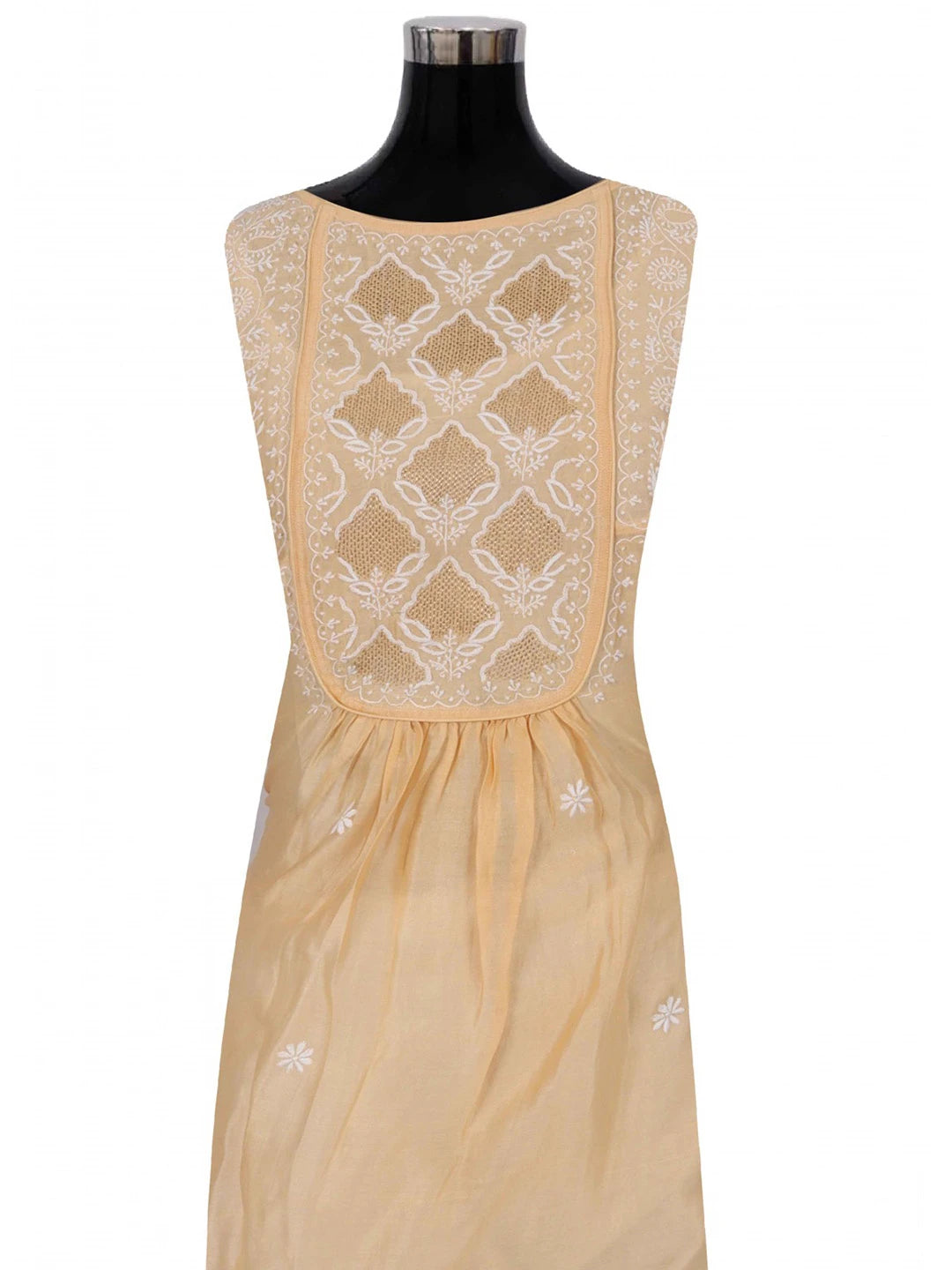 Ada Hand Embroidered Peach Chanderi Lucknowi Chikankari Semi-Stitched Anarkali Kurta Dupatta Set With Zari Work 01A122075