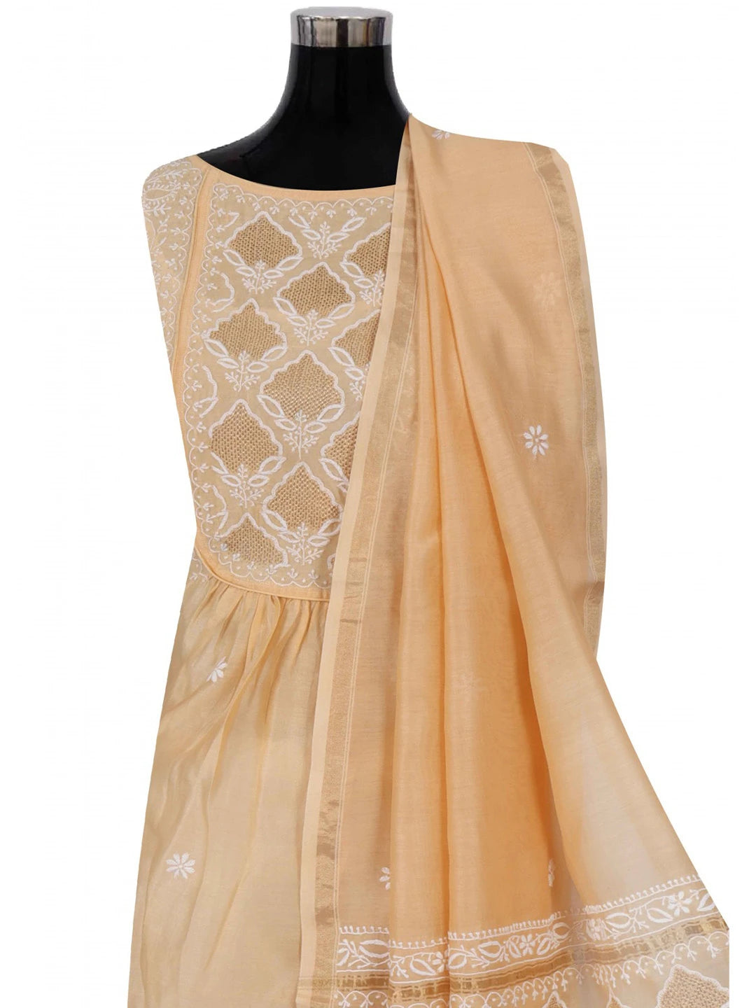 Ada Hand Embroidered Peach Chanderi Lucknowi Chikankari Semi-Stitched Anarkali Kurta Dupatta Set With Zari Work 01A122075