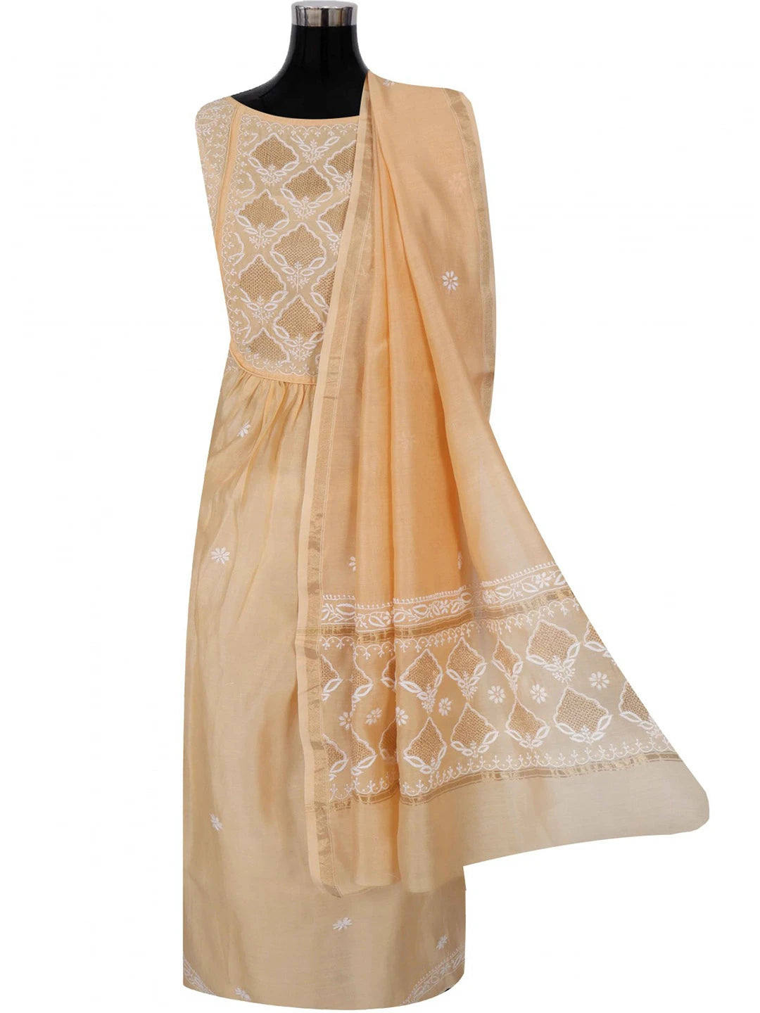 Ada Hand Embroidered Peach Chanderi Lucknowi Chikankari Semi-Stitched Anarkali Kurta Dupatta Set With Zari Work 01A122075