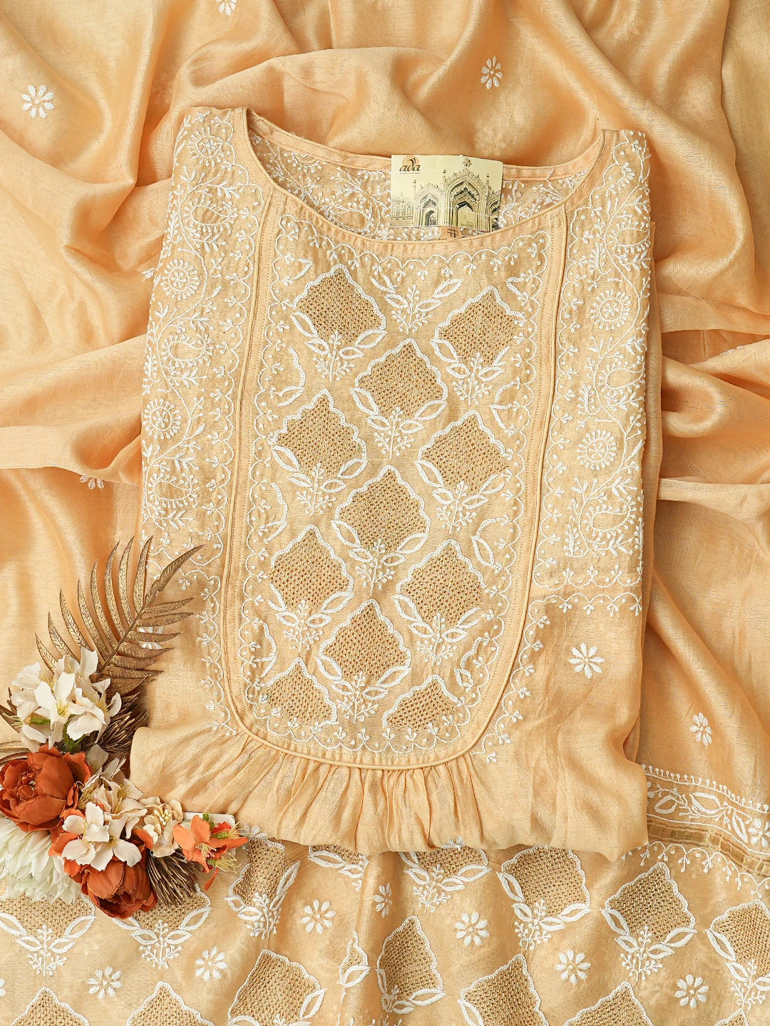 Ada Hand Embroidered Peach Chanderi Lucknowi Chikankari Semi-Stitched Anarkali Kurta Dupatta Set With Zari Work 01A122075