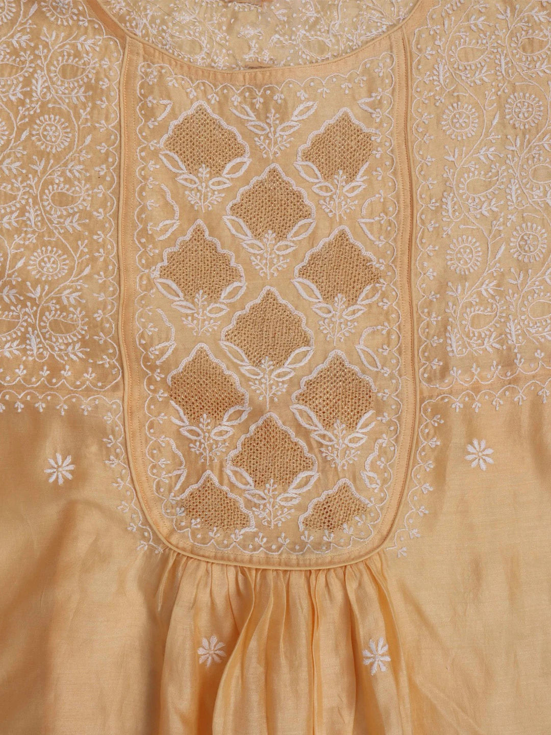 Ada Hand Embroidered Peach Chanderi Lucknowi Chikankari Semi-Stitched Anarkali Kurta Dupatta Set With Zari Work 01A122075