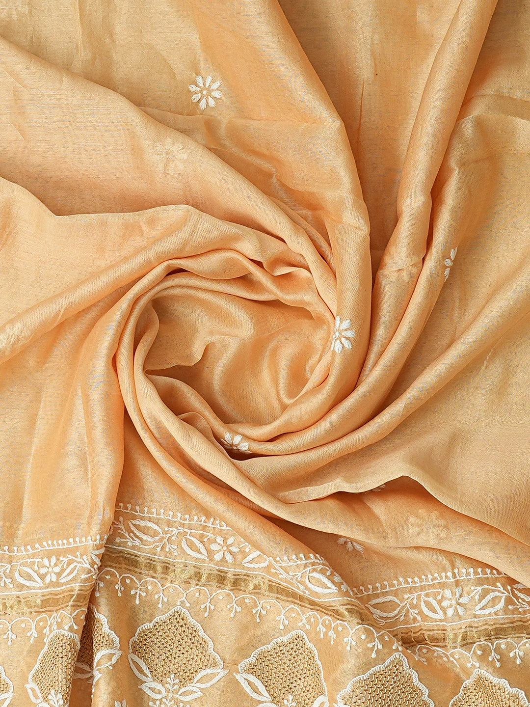 Ada Hand Embroidered Peach Chanderi Lucknowi Chikankari Semi-Stitched Anarkali Kurta Dupatta Set With Zari Work 01A122075